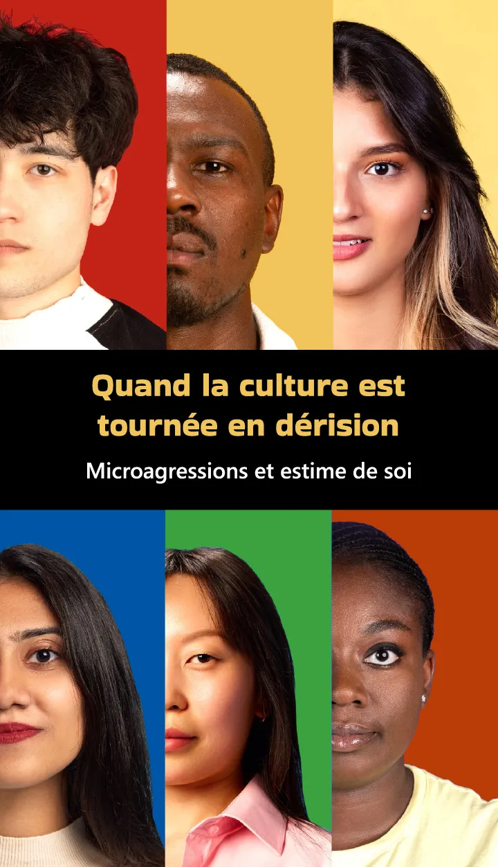 Montage de six portraits d'ados de différentes origines sur des fonds colorés.