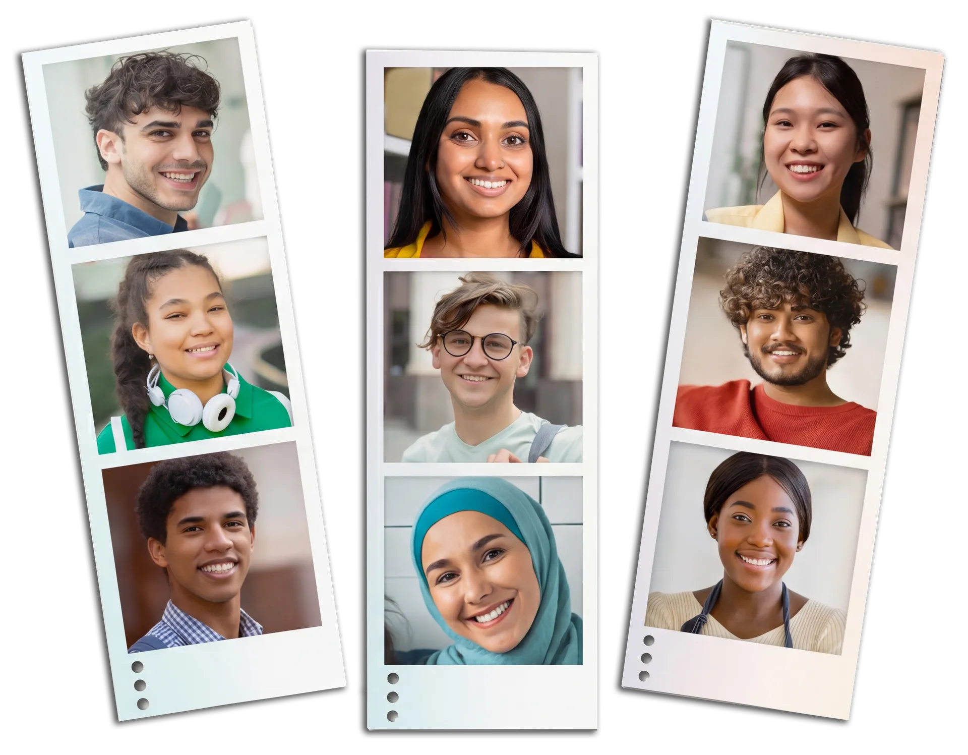 Trois pellicules de style cabine photographique présentent les portraits souriants de neuf jeunes de diverses origines.