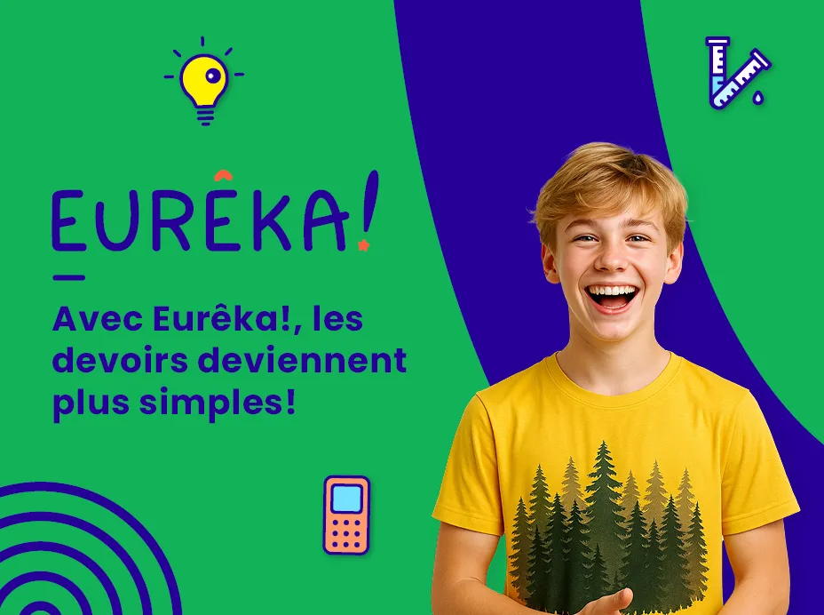 Vignette promotionnelle du service Eurêka! Logo : Eureka!  Info : Avec Eurêka!, les devoirs deviennent plus simples!  Image : Un adolescent souriant.