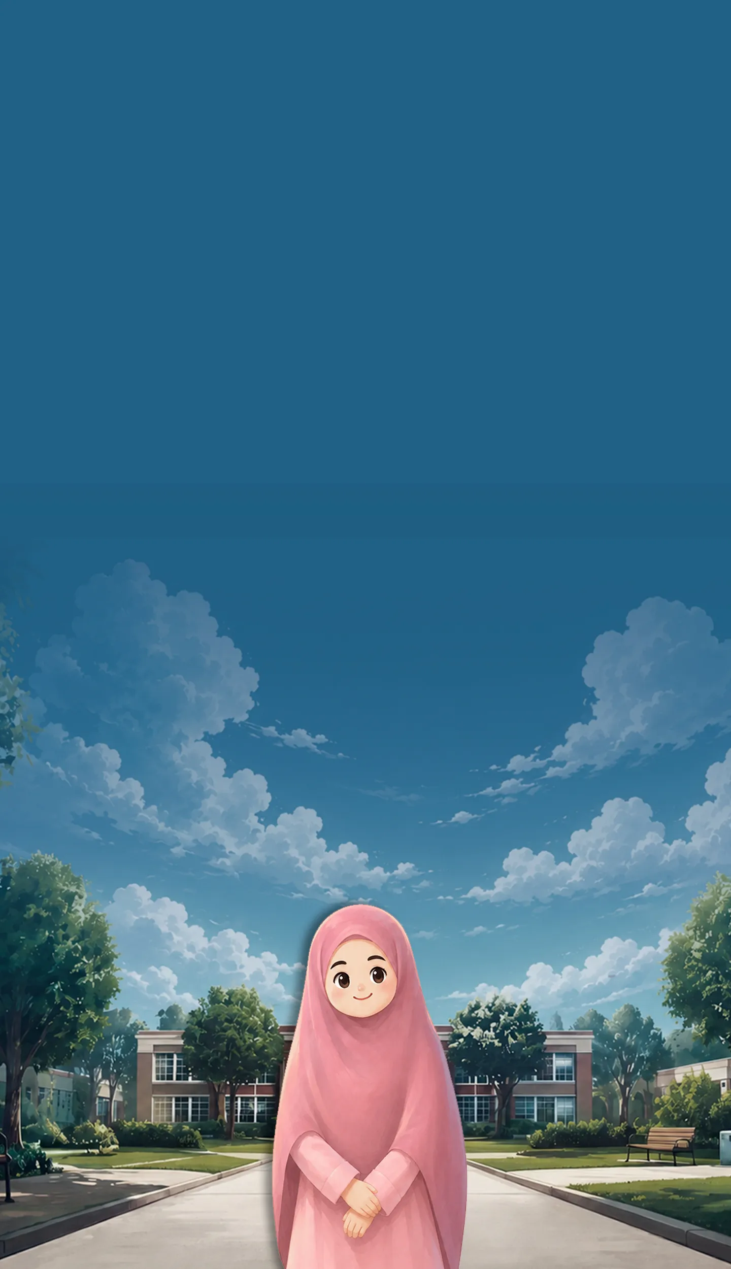 Illustration de style anime d'une jeune fille souriante en hijab rose devant une grande école.