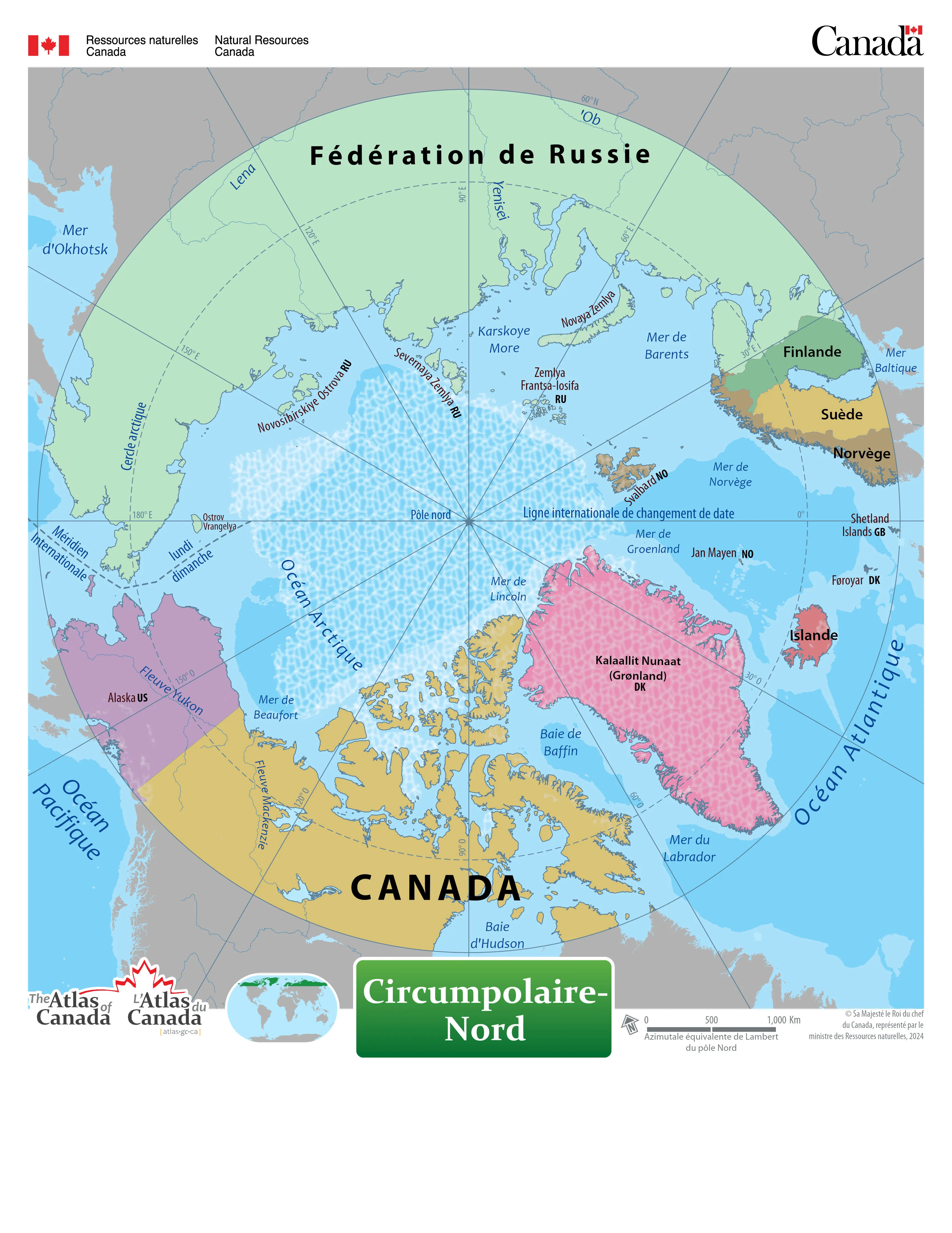 Carte du pôle Nord et de la région circumpolaire montrant le Canada, la Fédération de Russie, les pays scandinaves et le Groenland entourant l’océan Arctique.