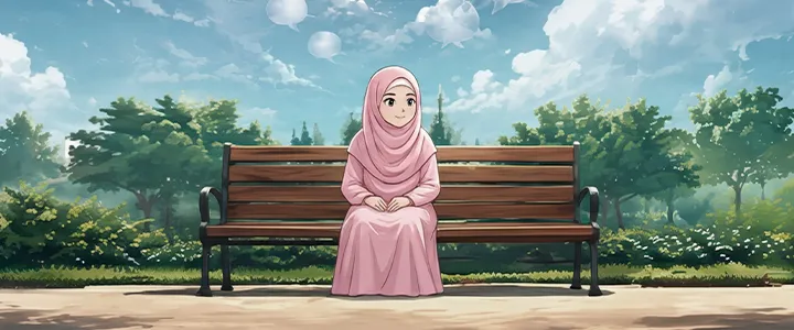Illustration de style anime d’une jeune fille souriante en hijab rose, assise seule sur un banc dans un parc.