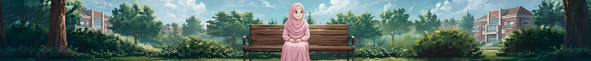 Illustration de style anime d’une jeune fille souriante en hijab rose, assise seule sur un banc dans un parc.