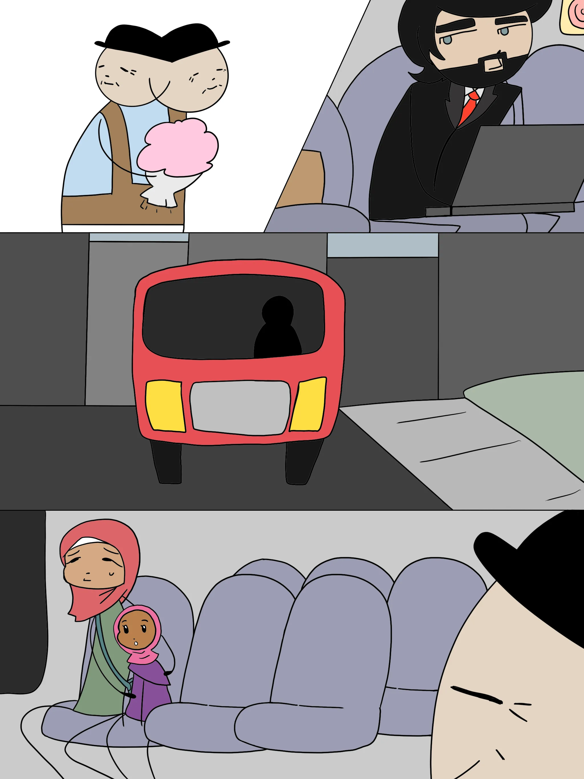 Illustration de style BD. En haut, un homme âgé tenant des fleurs fait face à un homme d’affaires contrarié. Au centre, un autobus rouge roule. En bas, une fillette portant un hijab observe le vieillard, blottie contre sa mère.