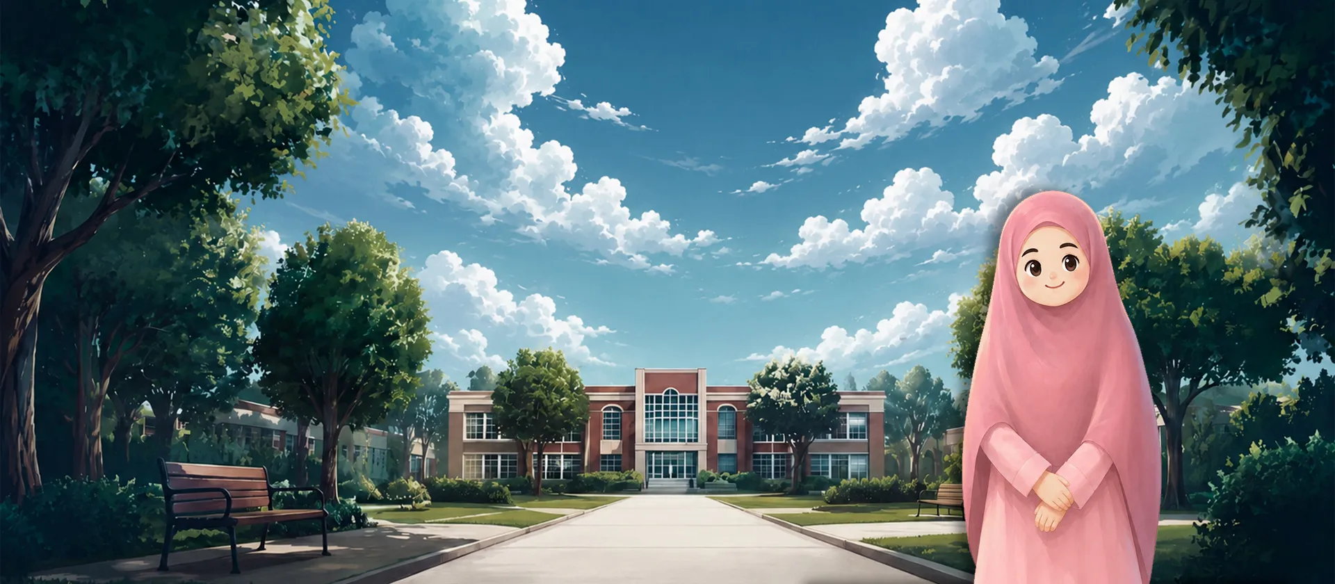 Illustration de style anime d'une jeune fille souriante en hijab rose devant une grande école.