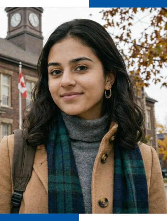 Une adolescente sourit devant un bâtiment ancien.