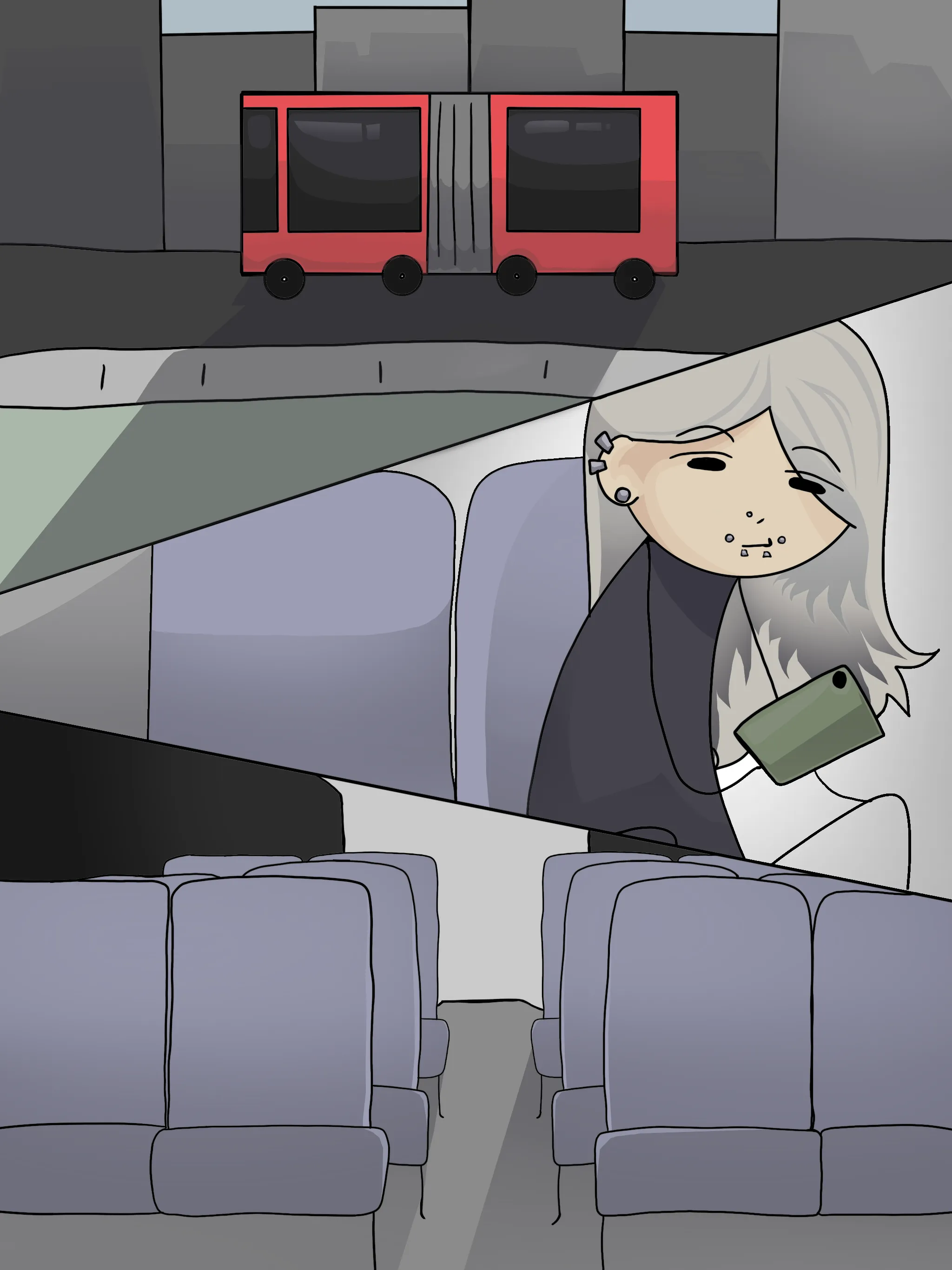 Illustration de style BD. En haut, un bus rouge roule au loin dans une ville grise. À l’intérieur du bus, une adolescente assise seule tient son téléphone et regarde sur le côté. Des rangées de sièges vides l’entourent.