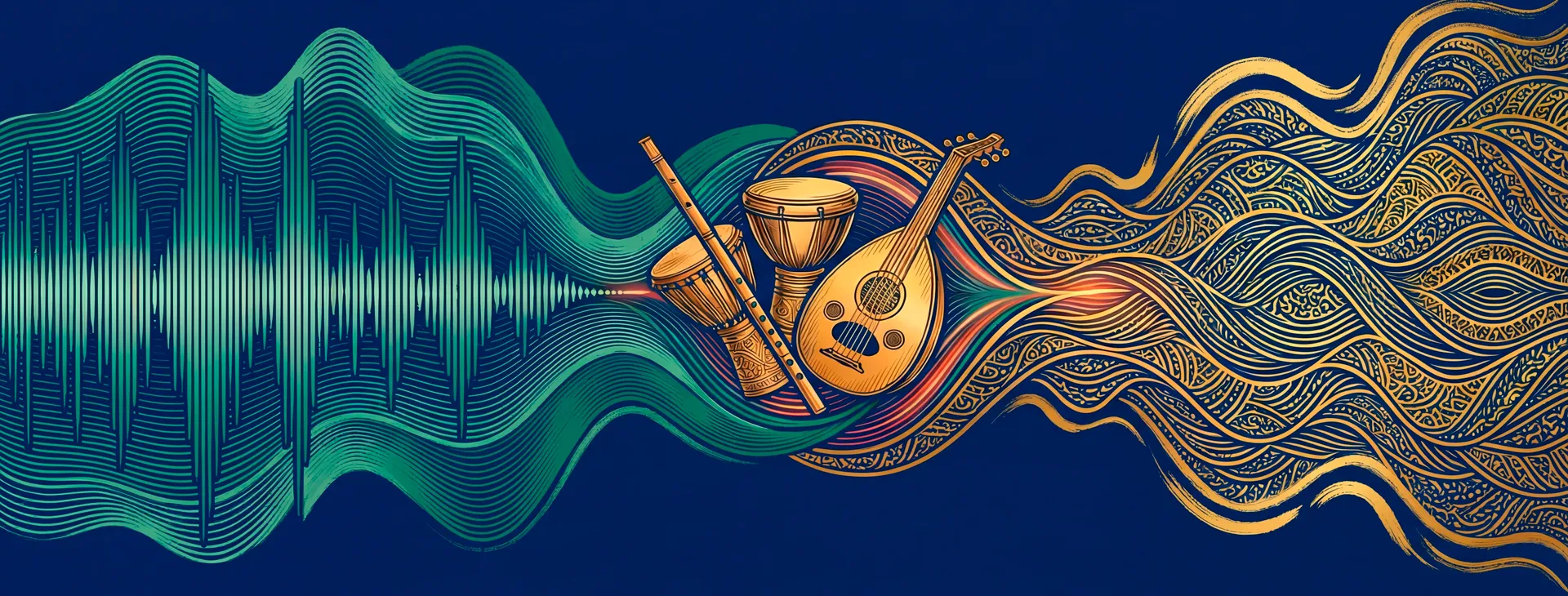 Des ondes sonores colorées se transforment en motifs dorés autour de trois instruments traditionnels.