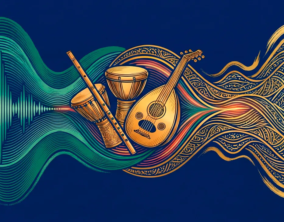 Des ondes sonores colorées se transforment en motifs dorés autour de trois instruments traditionnels.