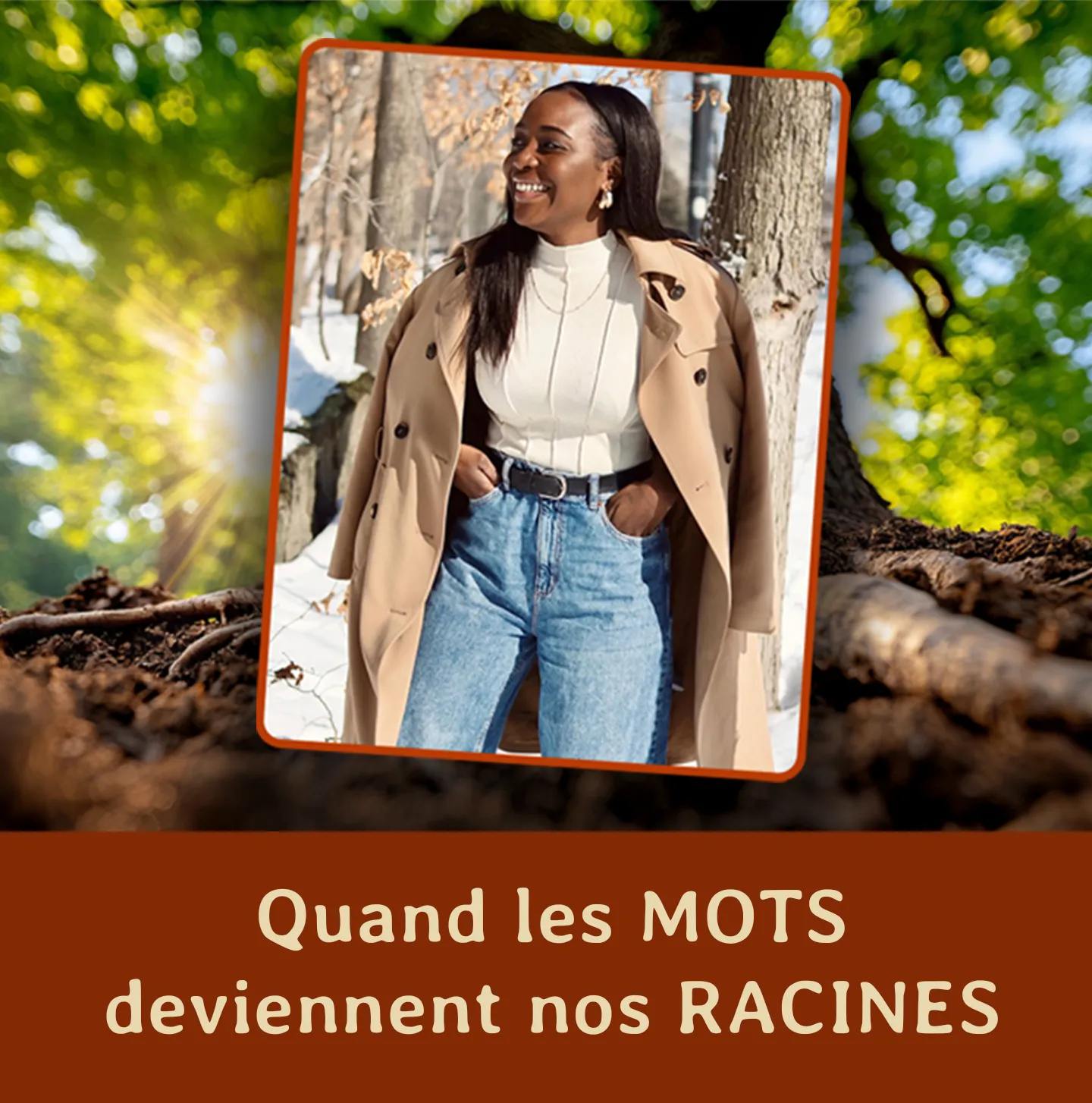 Photo de Christelle M. Kongolo devant des arbres et de grosses racines en forêt.