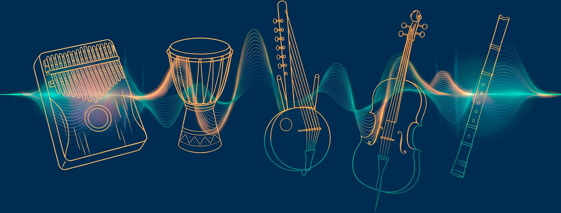 Une onde sonore traverse les contours de plusieurs instruments de musique.