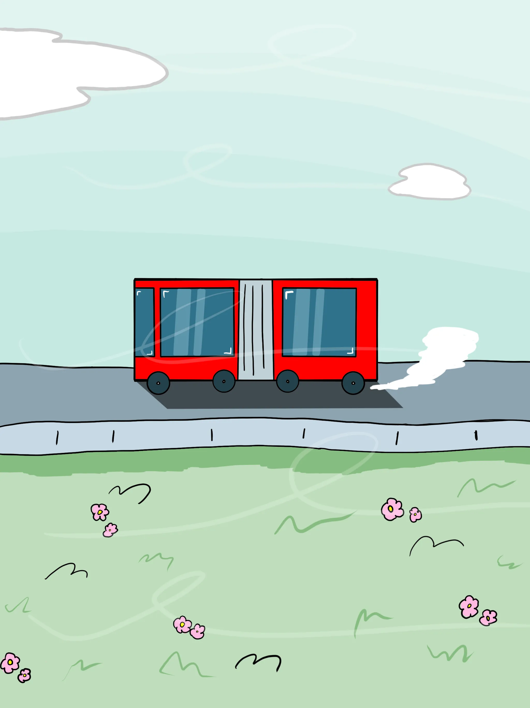 Dessin d’un bus rouge articulé qui roule sur une route grise sous un ciel nuageux. Au premier plan, de l’herbe verte avec de petites fleurs roses.