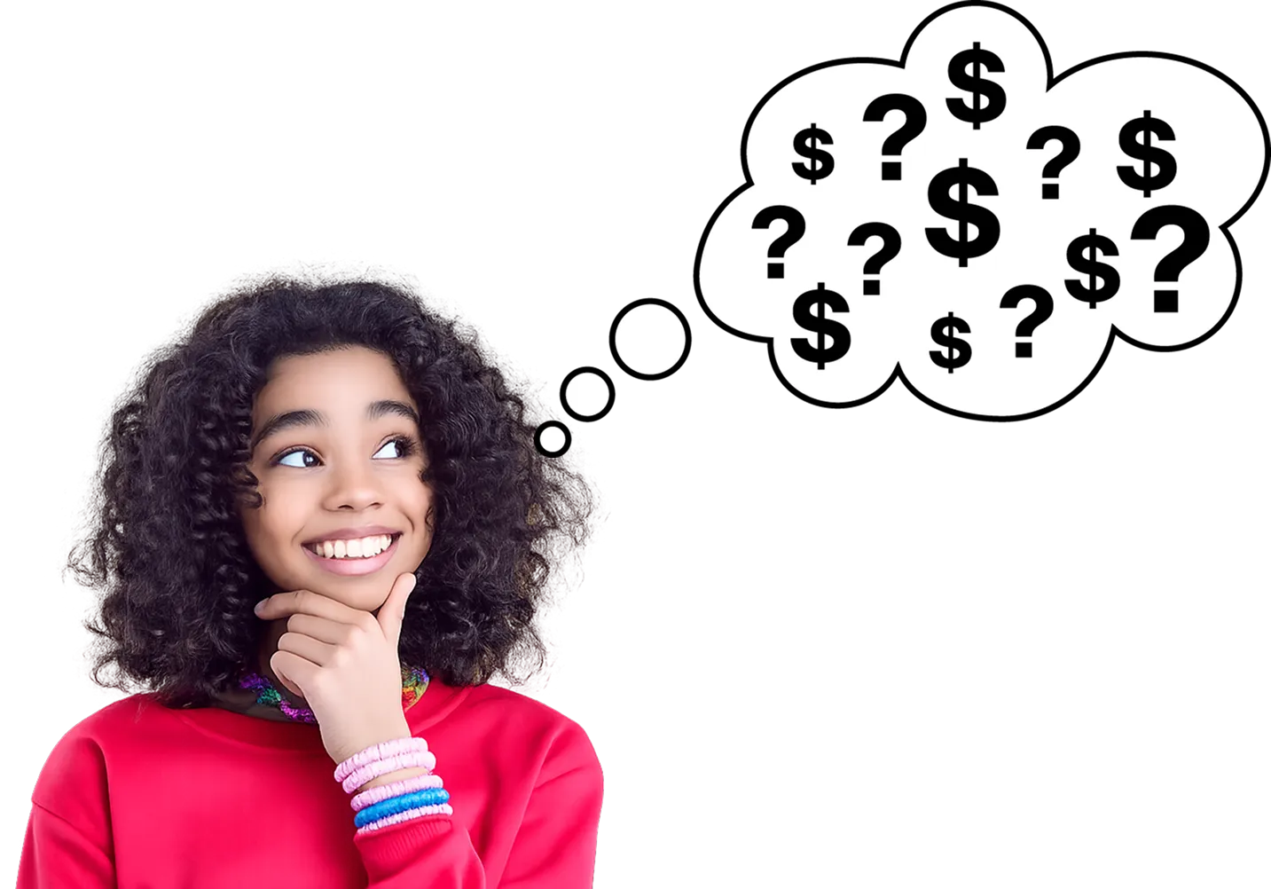 Une adolescente souriante lève les yeux vers une bulle de pensée remplie de dollars et de points d’interrogation.
