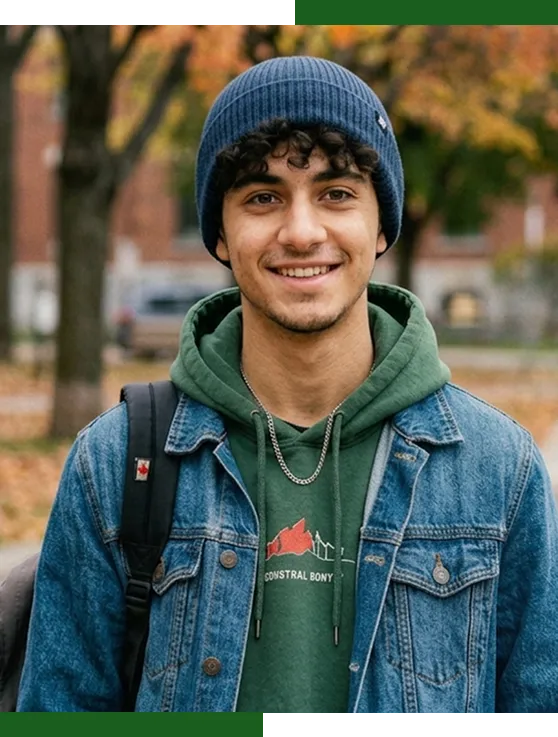 Un adolescent souriant portant une tuque bleue et une veste en jean pose devant un arrière-plan urbain flou.